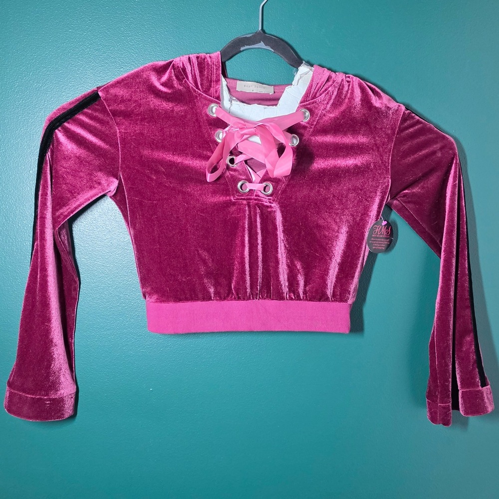 Bear Dance Hot Miami Styles Pink Velvet Lace Up Crop Hoodie Sweatshirt Medium